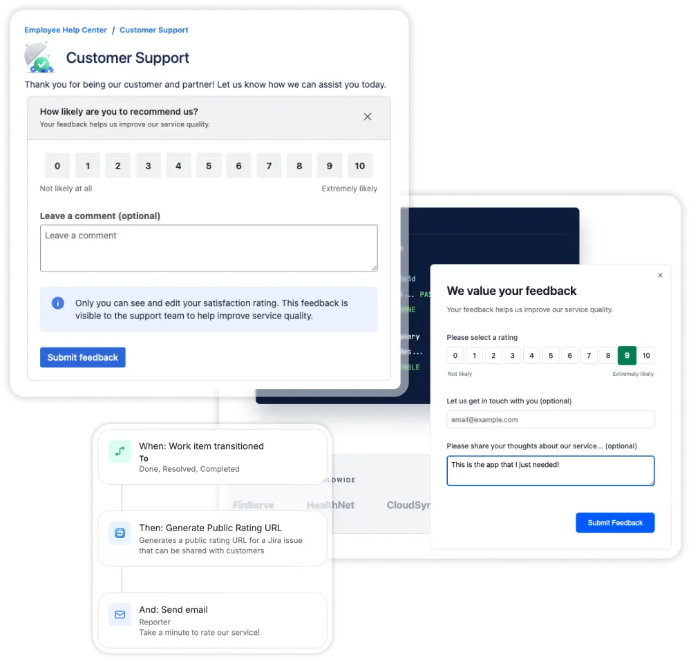 Myra collecting feedback in the portal, by email and via embeddable widgets